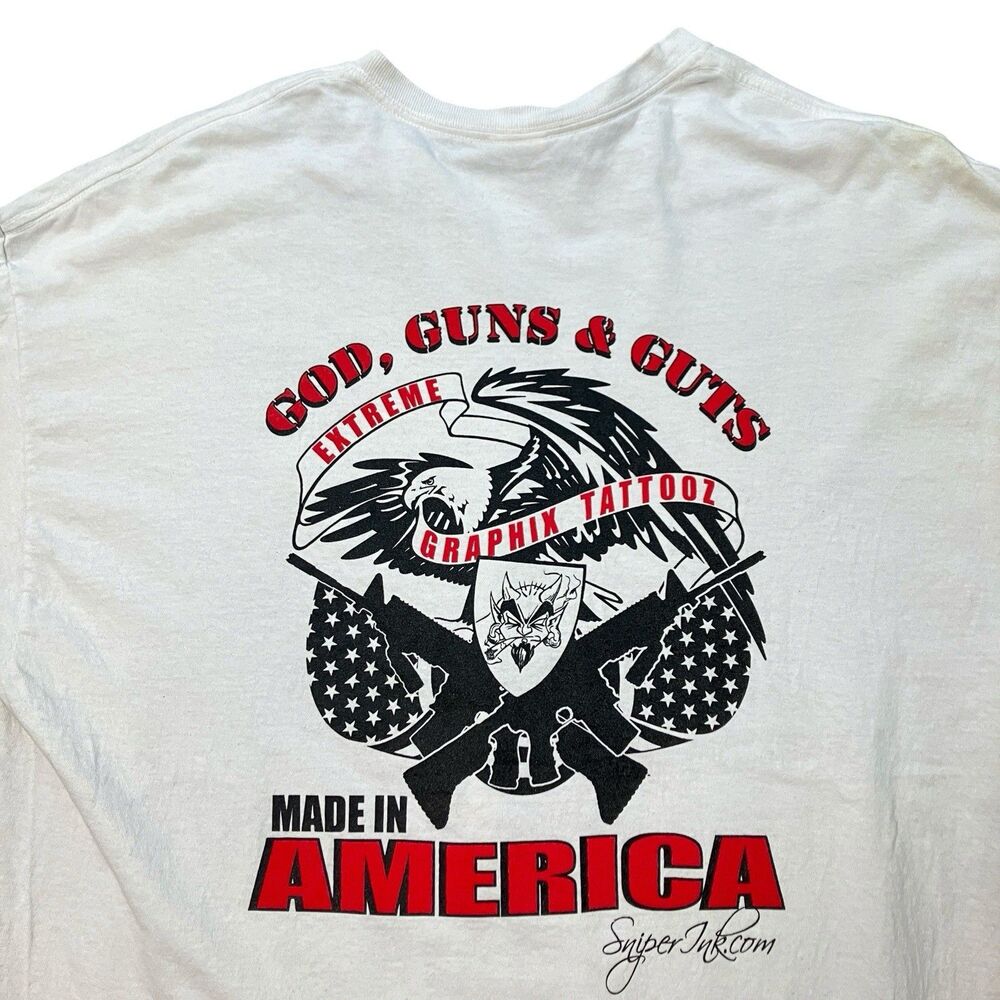 Gildan Graphic T Shirt Mens XL White God Guns Guts Biker Tattoo America Tee
